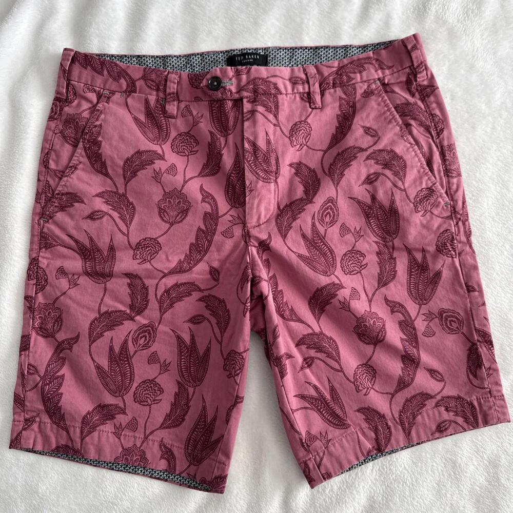 Ted Baker Men’s Tonal Floral Printed Shorts 33R Cotton Maroon Red Chino